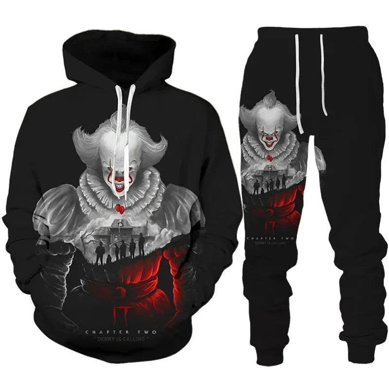 2023 Autumn Winter Men's Hoodies Tracksuit Set Horror Movie Clown 3D Print Fashion Hoodie Pants Suit Funny Unisex Pullover Sets