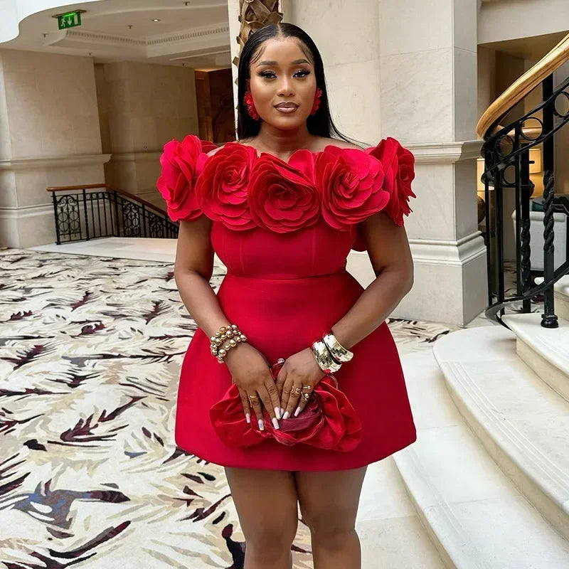 Autumn/winter New Fashion Design Sense Three-dimensional Flower High Waist A-line Short Dress Holiday Party Pleated Dress Retro