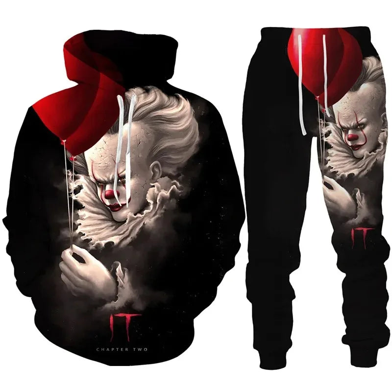 2023 Autumn Winter Men's Hoodies Tracksuit Set Horror Movie Clown 3D Print Fashion Hoodie Pants Suit Funny Unisex Pullover Sets