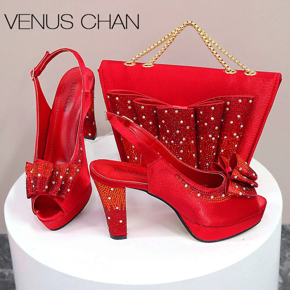 Big Sales Orange Color Peep Toe Comfortables Heels Slipper with Ctystal Bag For Nigerian Women Wedding Party Pump