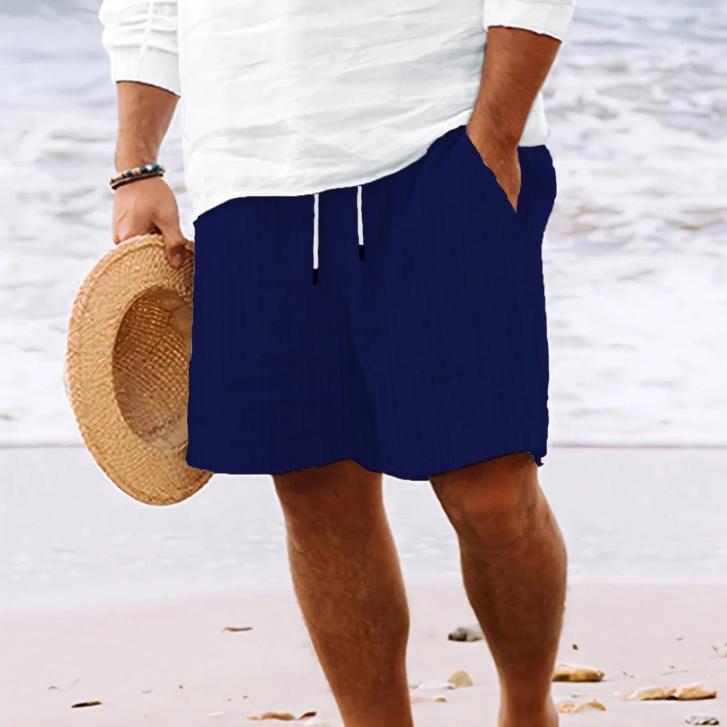 Summer New fashion Men's Hawaiian Beach style solid color striped multi-pocket tethered casual lightweight comfortable shorts