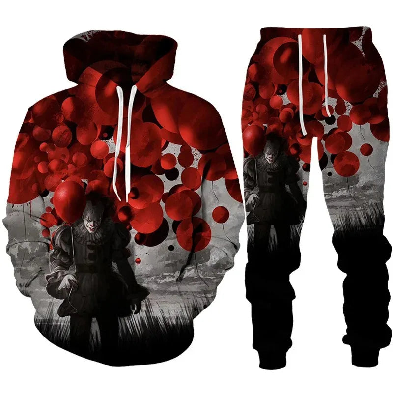 2023 Autumn Winter Men's Hoodies Tracksuit Set Horror Movie Clown 3D Print Fashion Hoodie Pants Suit Funny Unisex Pullover Sets