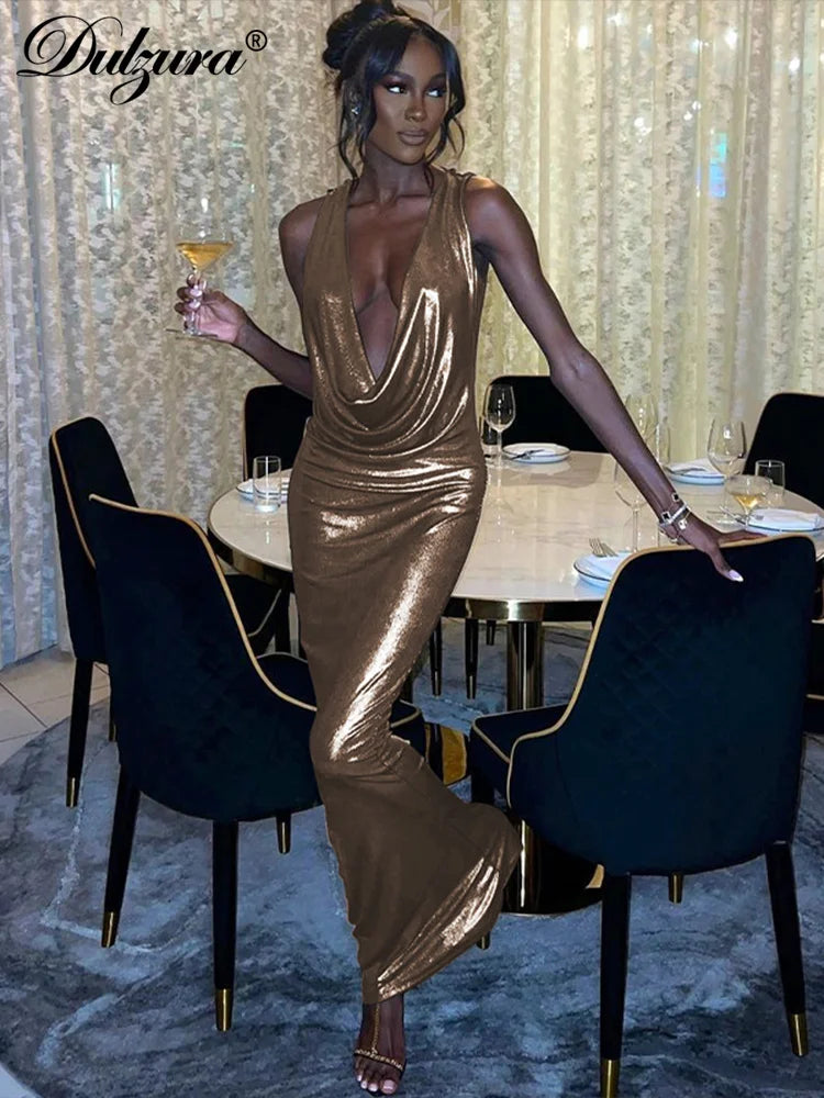 Dulzura Solid Pu Swinging Collar Lace-Up Backless Maxi Dress Bodycone Sexy Party Elegant Y2K Club 2023 Summer For Women Classy