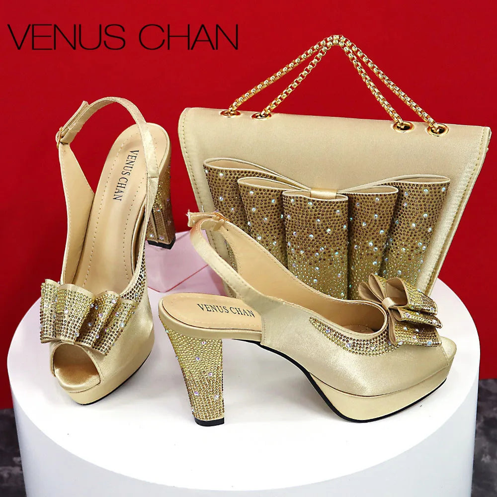 Big Sales Orange Color Peep Toe Comfortables Heels Slipper with Ctystal Bag For Nigerian Women Wedding Party Pump