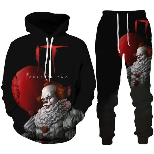 2023 Autumn Winter Men's Hoodies Tracksuit Set Horror Movie Clown 3D Print Fashion Hoodie Pants Suit Funny Unisex Pullover Sets