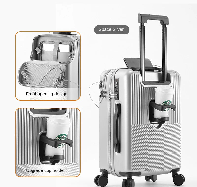 New Upgrade Suitcase Front Opening Luggage with USB Cup Holder Female 20" Small Trolley Case 24" 26" Male Suitcase Trip Cabin