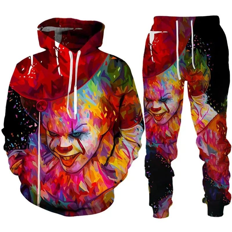 2023 Autumn Winter Men's Hoodies Tracksuit Set Horror Movie Clown 3D Print Fashion Hoodie Pants Suit Funny Unisex Pullover Sets
