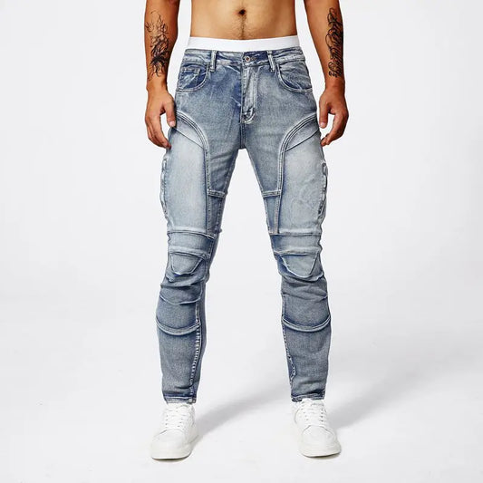Two tone distressed patchwork jeans for men trendy jeans for summer thin straight leg pants slim fit small leg distressed jeans