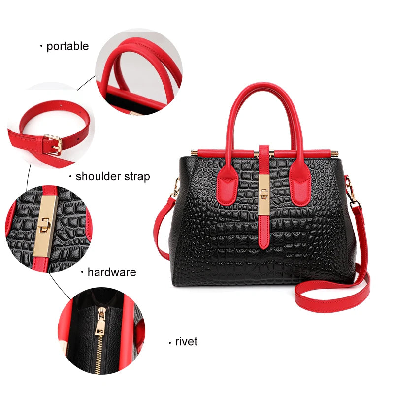Aidrani New women's leather bag, large capacity color blocking design handbag with crocodile pattern printed on the surface
