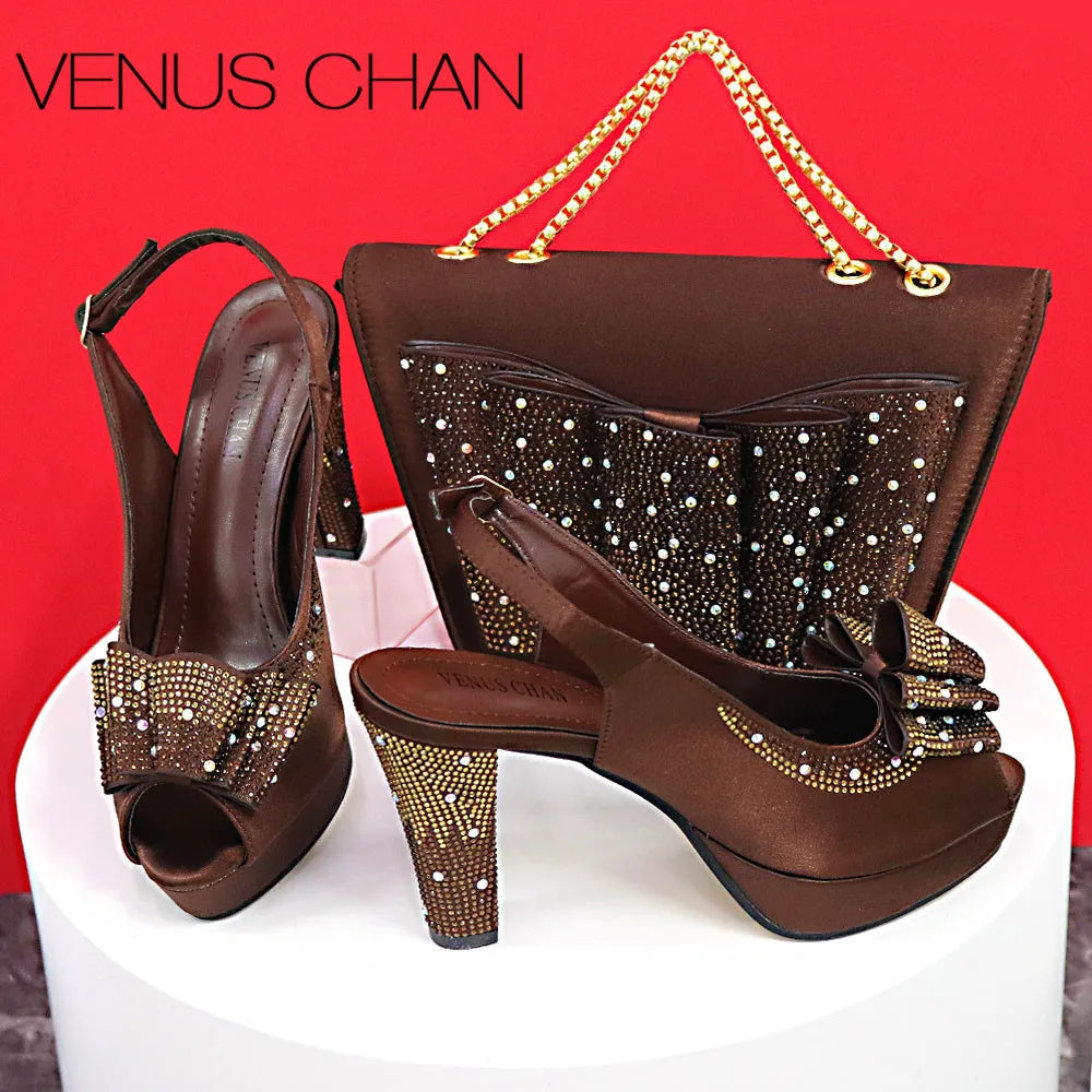 Big Sales Orange Color Peep Toe Comfortables Heels Slipper with Ctystal Bag For Nigerian Women Wedding Party Pump