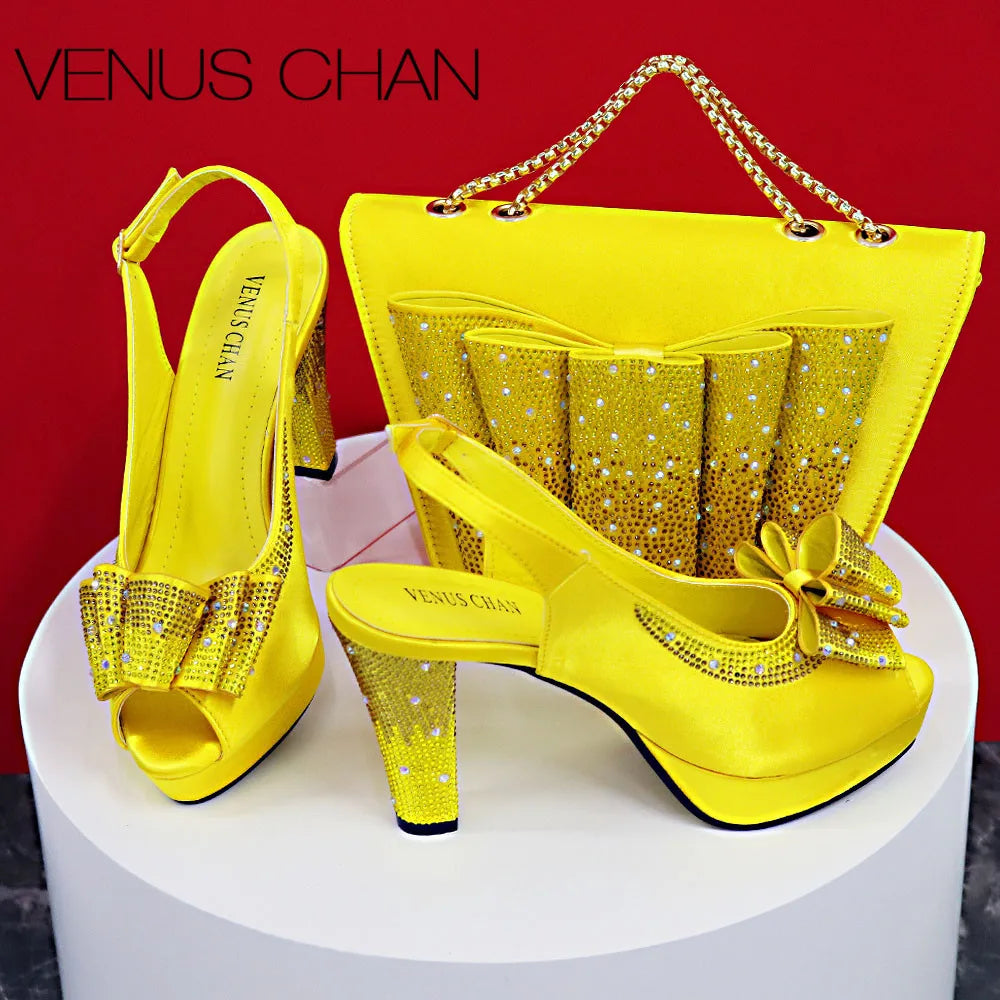 Big Sales Orange Color Peep Toe Comfortables Heels Slipper with Ctystal Bag For Nigerian Women Wedding Party Pump