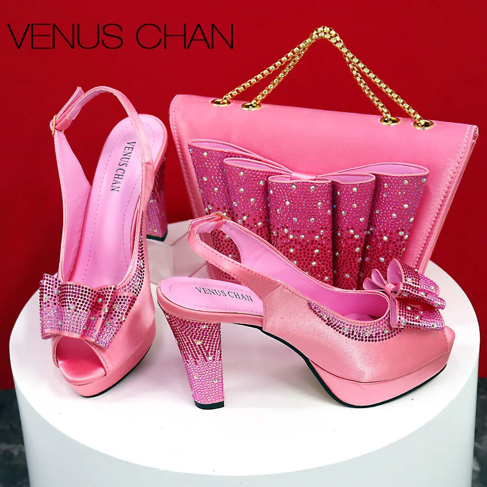 Big Sales Orange Color Peep Toe Comfortables Heels Slipper with Ctystal Bag For Nigerian Women Wedding Party Pump