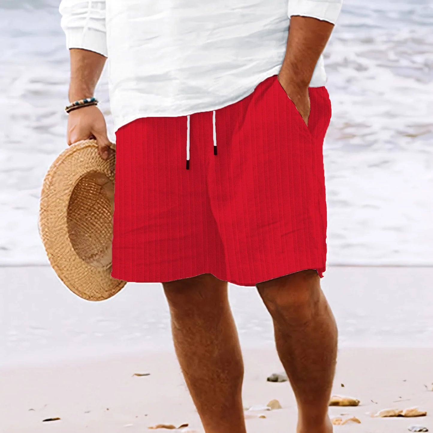 Summer New fashion Men's Hawaiian Beach style solid color striped multi-pocket tethered casual lightweight comfortable shorts