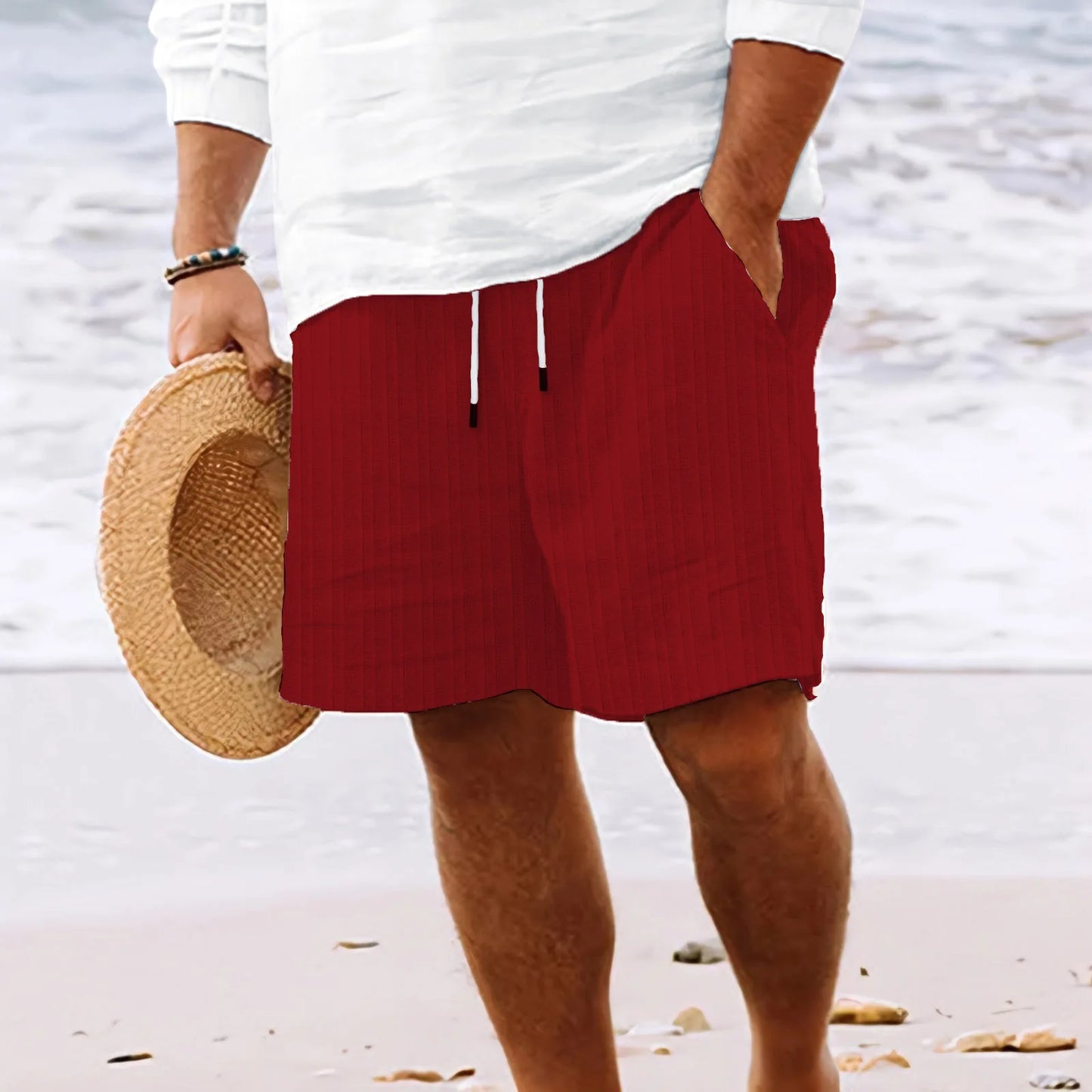 Summer New fashion Men's Hawaiian Beach style solid color striped multi-pocket tethered casual lightweight comfortable shorts